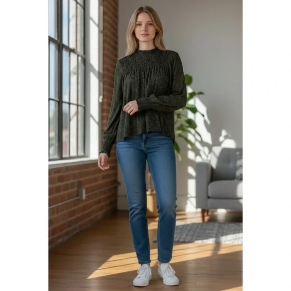 Deletta ANTHROPOLOGIE Olive Green Lace Long Sleeve Mock Neck Top - Picture 13 of 13